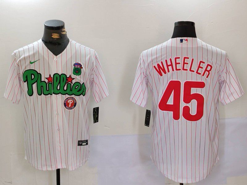 Men Philadelphia Phillies #45 Wheeler White stripe Second generation Joint Name 2024 Nike MLB Jersey style 3